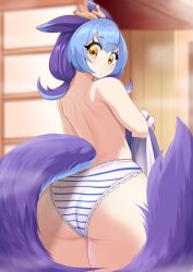 1girls ass azumiart blue_hair butt covered_breasts curvy cyan_hair dragon_girl dragon_tail dragonmaid_series_(yu-gi-oh!) duel_monster female fringe hi_res hips huge_ass indoors konami laundry_dragonmaid light_skin looking_back looking_down multicolored_hair panties pose removing_clothing solo standing tail underwear yellow_eyes yu-gi-oh!