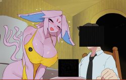 1boy 1girls absurd_res anthro big_breasts biped blush breasts buta99 closed_eyes clothed clothed_anthro clothed_female clothed_human clothed_male clothing duo eeveelution espeon female female_focus fingers fur generation_2_pokemon hair happy human male mammal nintendo open_mouth pokemon pokemon_(species) smile tail the_backrooms