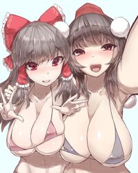 2girls armpits big_breasts black_hair blush breasts crow_tengu female/female female_only hair_ornament hat kaizu_(kaizukurodai) large_breasts micro_bikini miko peace_sign red_eyes reimu_hakurei shameimaru_aya smiling tengu tokin_hat touhou upper_body youkai yuri