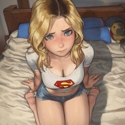 1girl 1girls cleavage clothed dc_comics kara_zor-el looking_at_viewer misssera on_bed solo solo_female supergirl