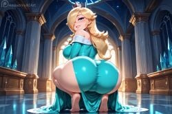 1girls ai_generated ass ass_focus bare_shoulders big_ass blonde_hair blue_eyes chocker crown dress earings from_behind grin heavenly_art indoors large_ass large_breasts long_hair looking_at_viewer mario_(series) nintendo rosalina rosalina_(mario) solo squatting