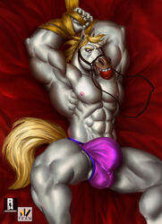 1boy 2021 abs apple ball_bulge blonde_hair bridle brown_eyes bulge clothing disney equid equine food fruit hair hi_res horse long_hair looking_at_viewer male male_only mammal maximus_(tangled) muscular muscular_male nexus nipples pecs pinup pinup_pose plant portrait pose restrained solo tangled thong underwear