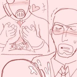 crying cumshot loving_gaze masked_female masked_male monochrome precum pyro_(team_fortress_2) spy_(team_fortress_2) team_fortress_2 titfuck titjob tits