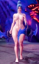 1girl 3d abs blender blue_hair breasts coldteaenjoyer convenient_censoring dota dota_2 feet luna_(dota) naked_female purple_eyes solo_female walking_towards_viewer weapon