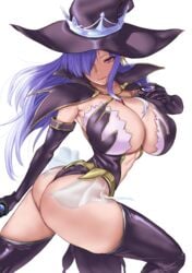 1girls ass blue_hair blush cleavage clothing fatima_(luminous_arc) gloves huge_breasts large_breasts light-skinned_female light_skin long_hair luminous_arc luminous_arc_2 purple_eyes revealing_clothes simple_background stockings thighhighs tomiokasena witch witch_hat