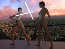 2girls 3d bastila_shan completely_nude completely_nude_female daz_studio female female_only full_body knights_of_the_old_republic_(series) lightsaber nude nude_female o97t5s rey star_wars
