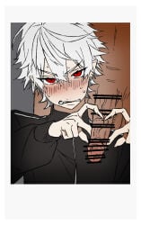 2boys blush blushing censor_bar censored clothed erection finger_heart gay heart kuzuha_(nijisanji) looking_at_viewer male male_only nijisanji penis polaroid_photo red_eyes virtual_youtuber white_hair yaoi