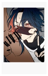 anonymous_male bar_censor blowjob blowjob_under_mask blush blushing censor_bar censored clothed gay hidden_blowjob looking_at_viewer male male/male male_only mask nijisanji oral peace_sign polaroid_photo sucking_penis sweat virtual_youtuber yaoi