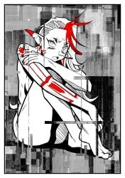 1girls 6_eyes arm_tattoo ass barefoot big_breasts black_and_white body_markings breasts casual casual_nudity completely_naked completely_naked_female completely_nude completely_nude_female crossed_legs daresiel ear_piercing female female_only fetal_pose fetal_position glitch_background indie_virtual_youtuber looking_at_viewer morning multicolored_hair naked naked_female nude nude_female painted_fingernails painted_nails painted_toenails patreon red_hair sharp_teeth sitting solo solo_female solo_focus tattoo white_hair