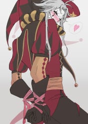 black_gloves blush blushing_at_viewer blushing_face blushing_male bondage gray_hair grin grinning grinning_at_another grinning_at_viewer heart_eyes long_hair looking_at_viewer looking_back_at_viewer looking_pleasured monster_boy pierrot_(the_freak_circus) pink_ribbon red_clothing red_costume solo solo_focus solo_male tall_male the_freak_circus tied_hands tied_up tied_wrists yellow_eyes