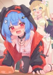 2girls :d absurdres all_fours bandaid bandaid_hair_ornament belt_collar bikini black_collar black_gloves black_jacket black_thighhighs blonde_hair blue_eyes blue_hair bowl breasts cleavage cleavage_cutout clothing_cutout collar commentary_request commission doggystyle fingerless_gloves flower futa_with_female futanari gloves hair_flower hair_ornament heart heart_cutout heart_hair_ornament highres holding holding_leash hood hood_up hooded_jacket indoors jacket leash long_sleeves medium_breasts multiple_girls open_clothes open_jacket open_mouth original pet_bowl pet_play psd_available puffy_long_sleeves puffy_sleeves red_eyes red_jacket sex sex_from_behind side_ponytail skeb_commission smile swimsuit thighhighs torn_clothes torn_thighhighs two-sided_fabric two-sided_jacket wavy_mouth yellow_bikini zusshii_(libertasgenesis)