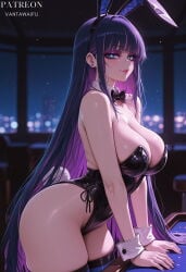 1girl ai_generated animal_ears artist_name ass bangs bare_arms bare_hips bare_shoulders black_bow black_bowtie black_hair black_hairband black_legwear black_leotard blue_eyes blunt_bangs blurry_background bow bowtie breasts bright_pupils bunny_tail bunnysuit cleavage closed_mouth clothing colored_inner_hair detached_collar earrings fake_animal_ears fake_tail female from_side hairband highleg highleg_leotard indoors jewelry large_breasts leaning_forward legwear leotard lips long_hair looking_at_viewer multicolored_hair nail_polish night panty_&_stocking_with_garterbelt patreon_username piercing playboy_bunny purple_hair rabbit_ears rabbit_tail sideboob smile solo stocking stocking_(psg) stocking_anarchy strapless strapless_leotard striped_clothes striped_thighhighs tail thick_thighs thighhighs thighs two-tone_hair vantawaifu very_long_hair wrist_cuffs
