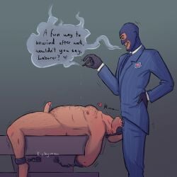 2boys arms_bound blowjob blue_clothing blue_mask blue_spy_(team_fortress_2) bodily_fluids bound cigarette clothed clothed_male_nude_male clothing cuffed_wrists cuffs dialogue duo engineer_(team_fortress_2) erection face_mask fellatio gay gay_sex genitals gloves hand_on_hip human human_on_human human_only kinkyressa leg_hair light-skinned_male light_skin looking_at_another looking_down looking_down_at_another lying_on_back male male/male male_nipples male_only mammal mask mature mature_male nipples nude nude_male nude_male_clothed_male oral oral_sex pants penis penis_in_mouth sex shirt smoke smoking spy_(team_fortress_2) team_fortress_2 text text_bubble yaoi