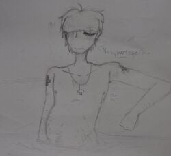 bangs bathing belly_bulge black_and_white body_hair closed_eyes cross cross_necklace fully_naked fully_naked_male gorillaz grunting happy_trail help_me lactating male male_only male_pregnancy male_solo middle_aged middle_aged_male murdoc_niccals naked nipples pregnant pregnant_belly pregnant_male sketch solo_male stretch_marks tattoos text traditional_art unpleasure_face water water_censor why_did_i_make_this