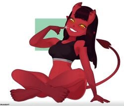 demon female female_only looking_at_viewer medium_breasts meru_(merunyaa) red_skin rule_63 simple_background skuddbutt smile sports_bra succubus tail thick_thighs watermark wide_hips