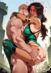 1girl ai_generated anal anal_penetration anal_sex arms_around_neck arzagod ass_grab big_breasts big_penis black_hair blush bodysuit bodysuit_aside cum cum_in_ass cum_inside cum_on_ass green_eyes jade_(mortal_kombat) large_breasts long_hair makeup mortal_kombat perfect_legs sweat tagme tanned_skin thick_thighs tongue_out veiny_penis wet wet_pussy