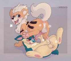 animal_genitalia anus balls bodily_fluids canid canine cum cum_in_ass cum_inside duo ejaculating_on_another ejaculation feral generation_1_pokemon generation_2_pokemon genital_fluids genitals growlithe hi_res knot knotted_penis male male/male mammal nintendo pawpads paws penis pokemon pokemon_(species) quilava sheath simple_background vikhuskffee