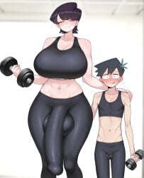 1boy 1futa ai_generated big_ass big_breasts blush bulge bulge_through_clothing bulge_under_clothes clothed clothing dumbbell futa_on_male futanari gym gym_clothes huge_balls huge_cock imminent_sex komi-san_wa_komyushou_desu komi_shuuko small_penis smaller_male tadano_hitohito weights zhenxiaohai