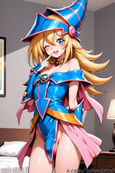 1boy ;d ai_generated arm_behind_back bangs bare_shoulders bed bedroom blonde_hair blue_headwear blush choker cleavage cowboy_shot dark_magician_girl dress duel_monster eyebrows_visible_through_hair femboy finger_to_mouth genderswap genderswap_(ftm) green_eyes groin hair_between_eyes hat indoors long_hair looking_at_viewer male no_panties off_shoulder one_eye_closed open_mouth pelvic_curtain smile solo tehmar trans_woman transfem trap wizard_hat yu-gi-oh!