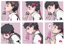 1boy 1girls blowjob blush capcom comic condom number sakura_kasugano street_fighter street_fighter_v sweat tomboy