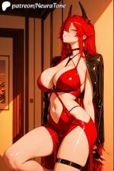 1girl ai_generated dress goddess_of_victory:_nikke horns long_hair looking_at_viewer neuratone patreon patreon_username red_hair red_hood_(nikke) smug solo solo_female
