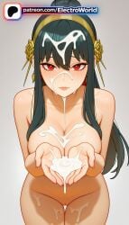 1girl 1girls 2026 after_paizuri ai_generated artist_name bangs black_hair blush boobs breasts bukkake bust chest closed_mouth collarbone cum cum_in_mouth cum_on_ass cum_on_body cum_on_breasts cum_on_clothes cum_on_hair cum_on_self cum_on_stomach cum_on_tongue cumdrip electroworld excessive_cum facial from_above gradient gradient_background hair_between_eyes hi_res high_quality high_resolution highres long_hair nude patreon patreon_username red_eyes solo spy_x_family stable_diffusion suggestive_fluid tits watermark yor_briar yor_forger