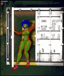 barbie_doll_anatomy big_breasts blue_hair cruelty_squad full_body green_skin horror knifer_(cruelty_squad) looking_at_viewer red_skin sneakers suziefemlin tagme third_eye yellow_skin