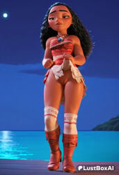 1girls ai_generated bare_shoulders black_hair boots breasts brown_eyes cleft_of_venus clothes_lift dark-skinned_female dark_skin disney disney_princess dress female_human forehead full_body full_moon hi_res jewelry lifted_by_self long_hair lustboxai moana moana_2 moana_waialiki moon necklace night no_panties ocean outdoors over-kneehighs pussy skirt skirt_lift sky sleeveless small_breasts solo standing sweat thighhighs uncensored very_dark_skin