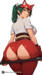 1girl ai_generated artist_name ass ass_cutout ass_focus ass_support blizzard_entertainment bow breasts brown_eyes cameltoe clothing_cutout facial_mark fingerless_gloves fox_mask from_behind gloves green_hair grin hair_bow heart_cutout kiriko_(overwatch) large_breasts long_hair looking_at_viewer looking_back mask overwatch overwatch_2 pants parted_lips patreon ponytail questionable red_gloves senpai_pixels shirt short_sleeves simple_background sitting smile solo white_background white_shirt