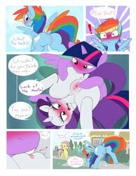 absurd_res anus ass big_butt comic derpy_hooves dialogue english_text equid equine female female/female feral fluttershy_(mlp) friendship_is_magic genitals hasbro hi_res horn kryptchild lyra_heartstrings_(mlp) mammal my_little_pony pegasus purple_body pussy rainbow_dash_(mlp) rarity_(mlp) shared_senses text twilight_sparkle_(mlp) unicorn white_body wings yuri