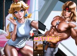 1boy 1boy1girl 1girls ai_generated bed bedroom before_sex belt blonde_hair blowing_kiss blue_eyes boyfriend-girlfriend breasts castlevania chain clothing cross crossover dating dating_app english english_text heart hetero looking_at_viewer modern_au muscular muscular_male nintendo office partially_clothed phone princess_peach selfie simon_belmont smash_ball split_screen spotify straight suggestive suggestive_look suggestive_pose super_mario_bros. super_smash_bros. super_smash_bros._ultimate