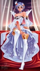 alternate_costume bare_shoulders bedroom bedroom_eyes blue_eyes blue_hair blush bride choker cleavage detached_sleeves fire_emblem fire_emblem:_the_binding_blade fire_emblem_heroes futa_bride futa_only futanari high_heels light_blue_hair long_penis long_sleeves looking_at_viewer medium_breasts nenerhea night nintendo on_bed shanna_(bridal)_(fire_emblem) shanna_(fire_emblem) short_hair sky smile thighhighs wedding_dress wide_hips