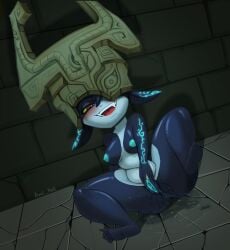absurd_res anus areola armor axel_hell black_body blue_anus blue_areola blue_markings blue_nipples blue_vulva blush blush_lines bodily_fluids breasts eyelashes fangs feet female front_view genital_fluids genitals grey_body headgear helmet hi_res humanoid humanoid_pointy_ears imp looking_at_viewer markings midna nintendo nipples nude one_eye_obstructed open_mouth open_smile pointy_ears red_eyes smile solo teeth the_legend_of_zelda thick_thighs twili twilight_princess vaginal_fluids vulva wide_hips yellow_sclera