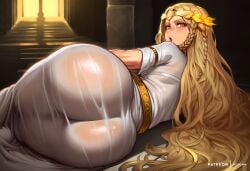 1boy :o absurd_res absurdres ai_generated althaean androgynous ass ass_focus blonde_hair blush braid circlet dress elden_ring from_behind fromsoftware huge_ass laurel_crown long_hair looking_at_viewer looking_back lying male_focus miquella miquella_the_kind on_side open_mouth otoko_no_ko pantylines seductive_pose see-through short_sleeves side_view solo very_long_hair wet wet_clothes white_dress wide_hips yellow_eyes