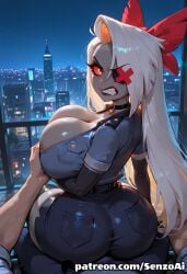 1boy 1girls ai_generated alternate_breast_size angry areola_slip areolae back_view breast_grab busty choker city cleavage curvy demon demon_girl duo gray_skin grey_skin groping groping_breasts hair_bow hair_over_one_eye hazbin_hotel hi_res huge_ass huge_breasts long_hair looking_at_viewer male_pov night police police_uniform policewoman pov senzoai sitting sitting_on_person tagme vaggie vaggie_(hazbin_hotel) vivienne_medrano white_hair wide_hips