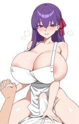 1boy 1girl alternate_breast_size_(larger) apron bare_shoulders blush bow breasts buttons collarbone commentary covered_nipples covered_penis cowgirl_position english_commentary evil_rat fate/stay_night fate_(series) girl_on_top hair_between_eyes hair_bow heart heart-shaped_pupils hetero highres holding_hands huge_breasts huge_penis imminent_penetration long_hair looking_at_viewer matou_sakura naked_apron nude_apron penis pink_bow pink_lips pink_pupils pov purple_eyes purple_hair shirt simple_background single_sidelock sitting sitting_on_person smile solo_focus steam straddling symbol-shaped_pupils teeth white_apron white_background white_shirt