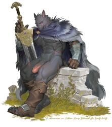 1boy abs animal_ears bara black_fur blaidd_the_half-wolf blue_cape boots brown_boots cape character_name closed_mouth commentary copyright_name elden_ring english_commentary english_text erection furry furry_male greatsword highres holding holding_sword holding_weapon looking_at_viewer male_focus muscular muscular_male neilos nipples no_pants pectorals penis scar scar_on_face sitting sword weapon white_background wolf_boy wolf_ears