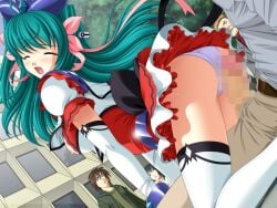 1girl 2000s_(style) 3boys aqua_hair ass ayahime_kurumi blush bow breasts censored closed_eyes clothing_aside elbow_gloves game_asset gloves green_hair hair_ribbon hetero imminent_penetration imminent_rape large_breasts lemmtear_theta long_hair magical_girl mahou_senshi_(series) mahou_senshi_lemmtear_knights mosaic_censoring multiple_boys nipples non-web_source official_art open_mouth outdoors panties panties_aside parted_lips penis public_indecency ribbon saitou_natsuki self-datamine skirt solo_focus sweat thighhighs underwear variant_set visual_novel_cg white_panties