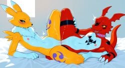 2026 2girls ai_generated anthro anthro_on_anthro bed bedroom bedroom_sex black_markings black_sclera blue_eyes blushing digimon digimon_(species) digitigrade duo female female/female female_on_female female_only flat_chest guilmon half-closed_eyes hi_res indoors innie_pussy laying_down laying_on_bed laying_on_side lesbian_sex nipples nude nude_female on_bed on_side open_mouth pink_nipples pretzel_position pussy pussy_ejaculation pussy_juice pussy_on_pussy red_body renamon scissoring sex side_view spiked_collar spread_legs squirting sweatdrop thrusting tribadism wet_pussy white_body white_fur yellow_eyes yellow_fur yuri zonoya_(artist)
