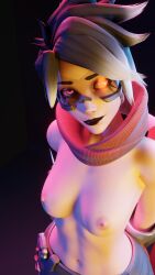 black_lipstick breasts goth goth_girl looking_at_viewer medium_breasts midriff operative_oxton overwatch red_eyes scarf shirtless thin_waist tracer