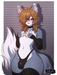 1boy arm_gloves blush blushing brown_eyes brown_hair bulge choker covering_chest covering_nipples femboy furry grey_fur male male_only show_by_rock!! solo solo_male thigh_highs thigh_socks thighhighs thong wolf wolf_ears wolf_tail