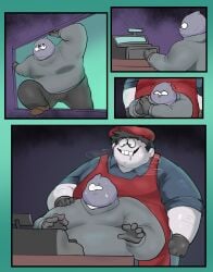 2boys 2male anon anon_male anonymous_male bara bob_velseb cash_register climbing_through_window disguise disguised_male gloved_male gloves gumpang0 hairy_arms hairy_male hand_on_shoulder heavy_breath heavy_breathing male_only mask masked_male overweight overweight_male scared scared_expression sweating yaoi