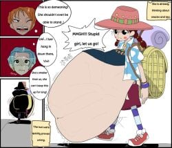 2d 2d_artwork 3girls big_belly blue_hair brown_hair dialogue dialogue_box dialogue_bubble digestion endlessnight marianne_(one_piece) miss_goldenweek nami_(classic) nami_(one_piece) nefertari_vivi one_piece orange_hair submissive_female text vore vore_belly