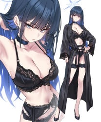 1girl blue_archive blue_eyes earrings garterbelt halo lingerie long_hair saori_(blue_archive) shigure_s solo solo_female underwear