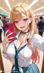 1girls ai_generated casual casual_nudity cleavage covered_nipples crowd encoder exhibitionism female indoors kitagawa_marin mirror mirror_selfie no_bra public public_nudity school_uniform selfie shirt skirt smartphone smile smiling sono_bisque_doll_wa_koi_wo_suru store taking_picture uncensored