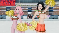 3d anime ashido_mina black_eyes black_hair boku_no_hero_academia cheerleader cheerleader_outfit cheerleader_uniform day daytime exhibitionism exposed_breasts exposed_nipples exposed_pussy herolover horns horns_girl long_hair mina_ashido momo_yaoyorozu my_hero_academia pink_hair pom_poms ponytail stadium stadium_background u.a._cheerleader_outfit u.a._cheerleader_uniform yaoyorozu_momo yellow_horns