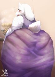 anthro big_butt blush boss_monster_(undertale) bovid butt caprine clothed clothing dessert female floppy_ears food fur hi_res horn huge_butt huge_hips huge_thighs long_ears looking_at_viewer looking_back mammal mature_anthro mature_female open_mouth pastry pie pink_eyes question_mark robe solo standing thick_thighs toriel undertale undertale_(series) usssar12 white_body white_fur wide_hips