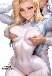 1boy 1girl ai_generated arms_behind_head arms_up artist_name bangs biting blonde_hair blue_eyes blush bodysuit breast_grab breasts cameltoe cloak_and_dagger covered_navel covered_nipples cowboy_shot dagger_(marvel) dagger_(marvel_rivals) earrings grabbing grabbing_from_behind hetero jewelry large_breasts lip_biting lips long_hair long_sleeves looking_at_viewer marvel marvel_rivals nipples nose nuageeart official_alternate_costume parted_lips patreon_username questionable see-through shiny simple_background skin_tight smile solo_focus sweat teeth wet wet_clothes white_background