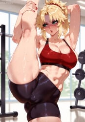 1girl ai_generated armpits arms_up arzagod big_breasts blonde_hair blush fate/grand_order fate_(series) green_eyes large_breasts leg_up long_hair mordred_(fate) perfect_legs ponytail sports_uniform stretching sweat tagme thick_thighs