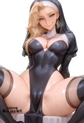 1girl ai_generated arms_behind_back artist_name black_thighhighs blonde_hair blue_eyes boots breasts cameltoe cleavage cloak_and_dagger covered_navel cross dagger_(marvel) dagger_(marvel_rivals) earrings habit jewelry long_hair looking_at_viewer marvel marvel_rivals medium_breasts necklace nuageeart nun pelvic_curtain questionable simple_background sitting smile solo spread_legs sweat sweating_profusely thighhighs thighs white_background